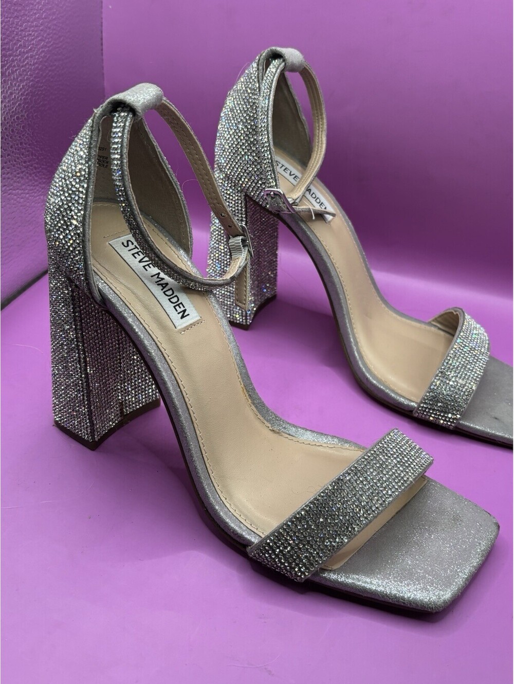 Steve Madden Silver Rhinestone Block Heel Sandals Size 6
